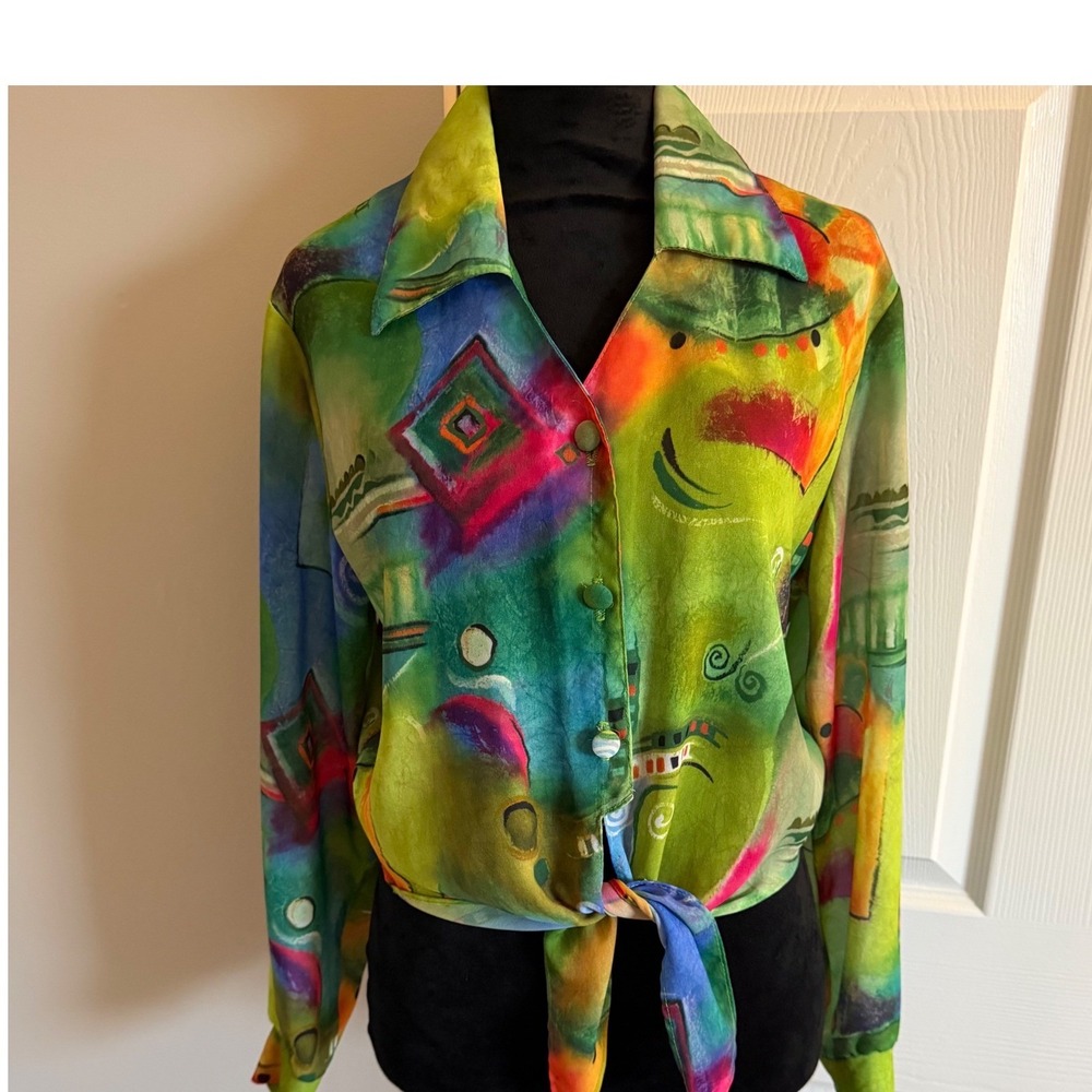 VTG Women's HOT STUFF 80s Green Blouse Tie Top Long Sleeve Collar Printed SZ M